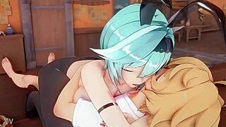 Topless girl rides cowgirl in this anime porn video
