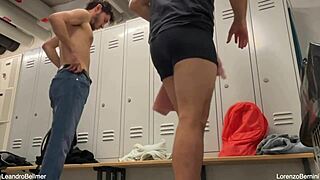 Public locker room tryst: athletic and chubby men having sex