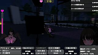 Seleka's daring public self-pleasure in a transparent coat in this retro-themed anime game