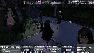 Seleka's daring public self-pleasure in a transparent coat in this retro-themed anime game