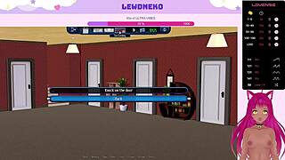 Vtuber LewdNeko in a sexy hotel scene from the anime game Harem Hotel
