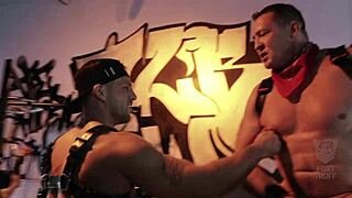 Muscular hunk gets dominated by BDSM machine in gay sex