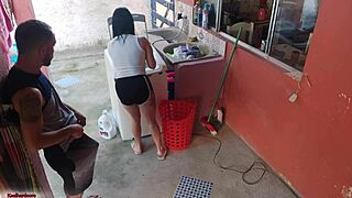 The boss left and the maid couldn’t resist my erect penis