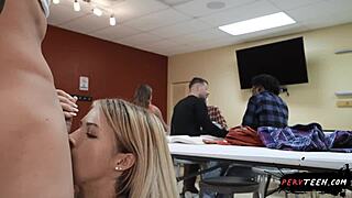 Hot blonde gets some extra credit in class in more than one way