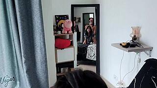 Amateur couple having sex in front of the mirror with a BBW
