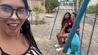 Old man gets it on with two babes outdoors