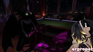 A demon, a robot, and a dragon in a three woman scene in Vrchat