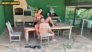 Big boobed teenage brunette gets it hard with young man while her husband watches