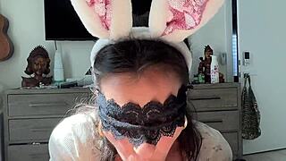 A beautiful woman in a bunny costume gives a blow job and wants to have sex