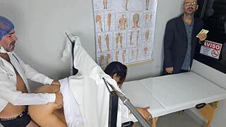 Cuckold husband watches his wife being examined by a gynecologist