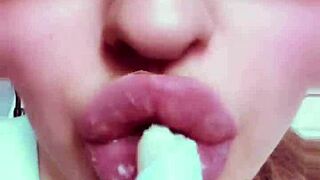 Goddess with sexy lips in kinky scene with eye fetish lover