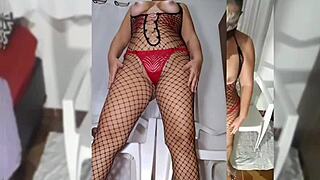 Bitch playing hot with big dildo in red panties