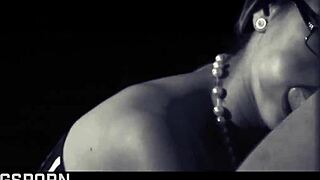 Beautiful brunette MILF in elegant lingerie and glasses in threesome adult fun