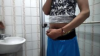 Public bathroom action with urination and masturbation