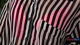 British CFNM babe teases and gives handjob to a voyeuristic guy