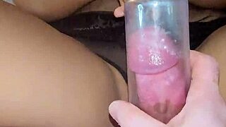 A man pleases himself with a cock pump and then gets a creampie