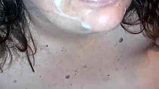 Step mommy’s face covered with cum after a handjob