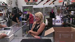Petite shopgirl gives oral and gets fucked in public