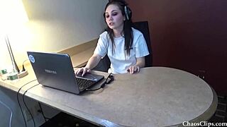 Young brunette, Lenna Lux, has a barefoot solo orgasm while wearing headphones